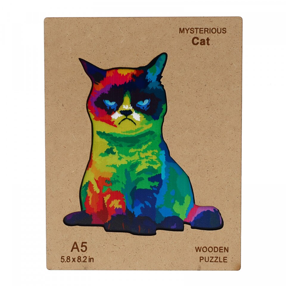 Puzzle Pisica, din lemn, cutie pentru depozitare, 15 x 21 cm, 96 piese, Multicolor