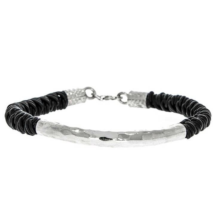 Bratara Argint Unisex cu Piele Neagra si Element Tubular