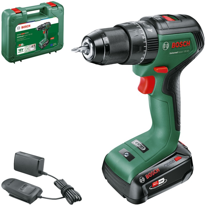 Bosch UniversalImpact 18V-60 akkus fúró-csavarozó, 60Nm, 2 sebességfokozat, 13 mm tokmány, 1db 2 Ah akkumulátor, Töltő