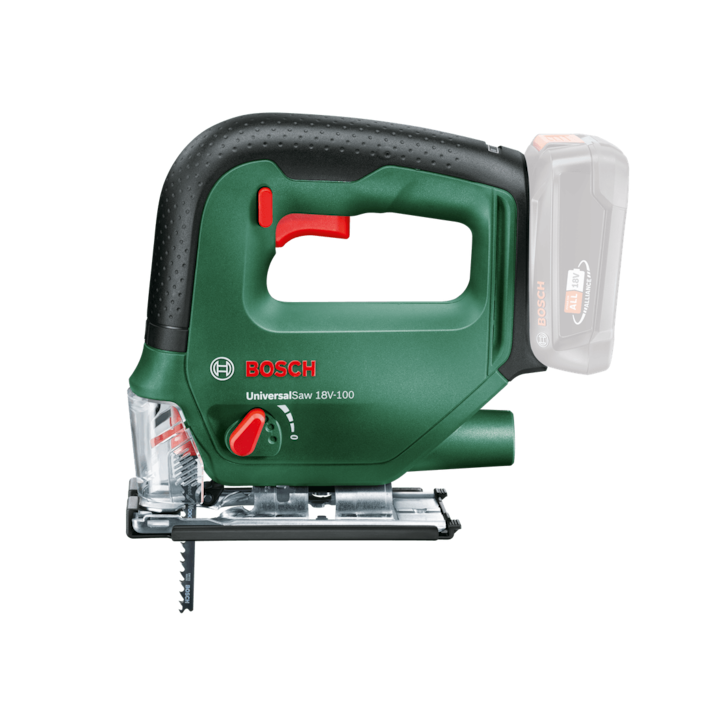 Fierastrau vertical pe acumulator Bosch UniversalSaw 0603011100, 18 V, 2600 curse/min, 100 mm adancime maxima taiere, 2 panze fierastrau, CutControl, protectie aschii, sabot de protectie, capac protectie transparent, fara acumulatpr/incarcator