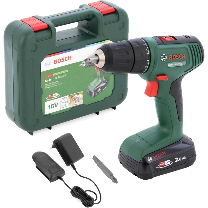 Акумулаторен винтоверт Bosch EasyDrill 06039D8004, 18 V, 1630 RPM, 40 Nm, 23/32 Nm, 13 mm бърз патронник, 2 степени, 1 батерия 2.0 Ah, зарядно, транспортна кутия