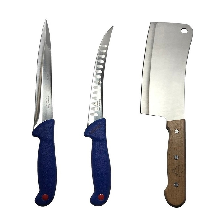 Set cutite profesionale de macelarie, transat, injunghiat, filetat, dezosat, 2 cutite, satar, DBD084