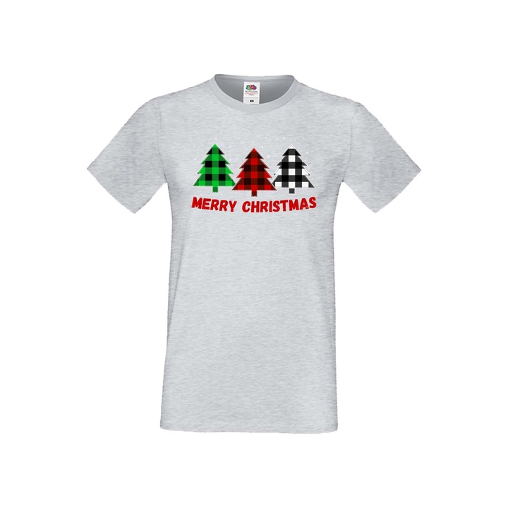 Tricou de Craciun pentru barbati Tralala Merry Christmas Bivol Pomi de Craciun, gri, M