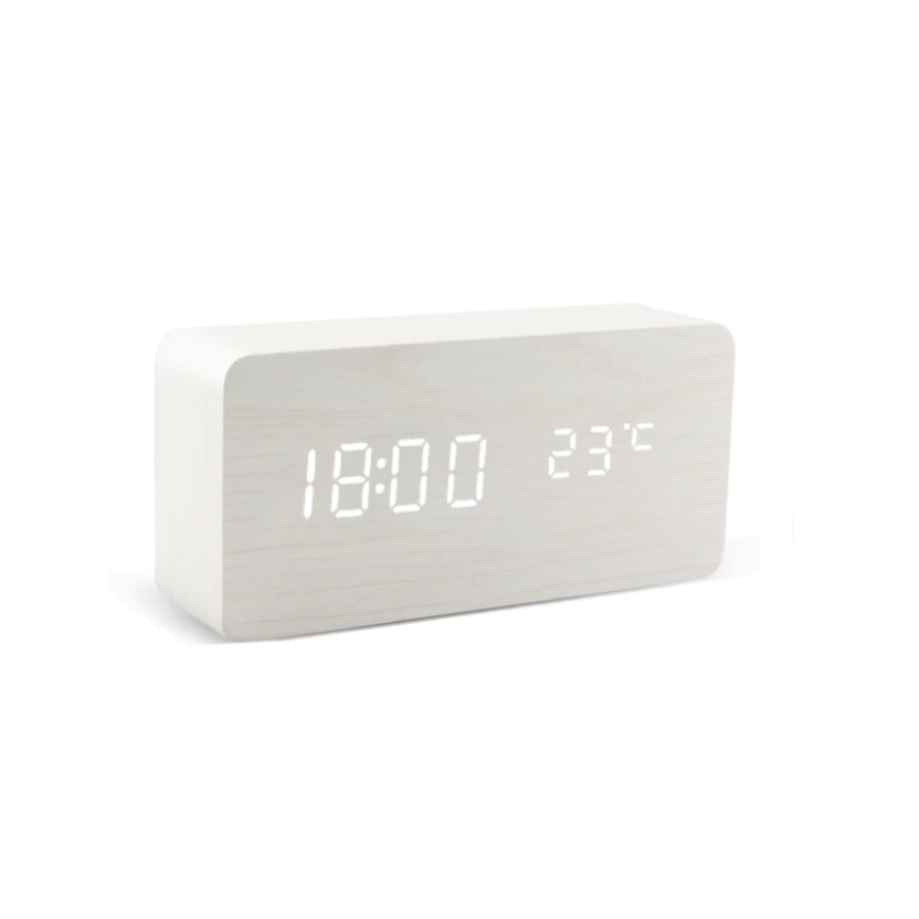 Ceas digital LED, textura Lemn, Wood Style, Alarma, afisaj Temperatura, Data, Alb, afisaj Alb