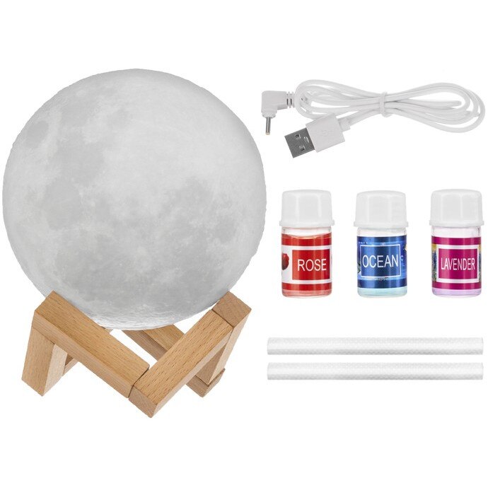 Umidificator cu USB 3 in 1, Zola®, difuzor de arome, lampa, model luna, 3 culori, 16.5x13x13 cm