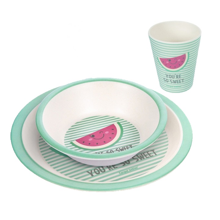 Комплект 3 чаши, чиния и купа за деца Canpol Babies Bamboo Dinner 09/226, Зелен