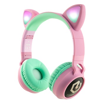 Casti Audio pentru Copii, PowerLocus Buddy cu volum limitat, Micro SD slot , Verde/Roz Casti Audio pentru Copii, PowerLocus Buddy cu volum limitat, Micro SD slot , Verde/Roz