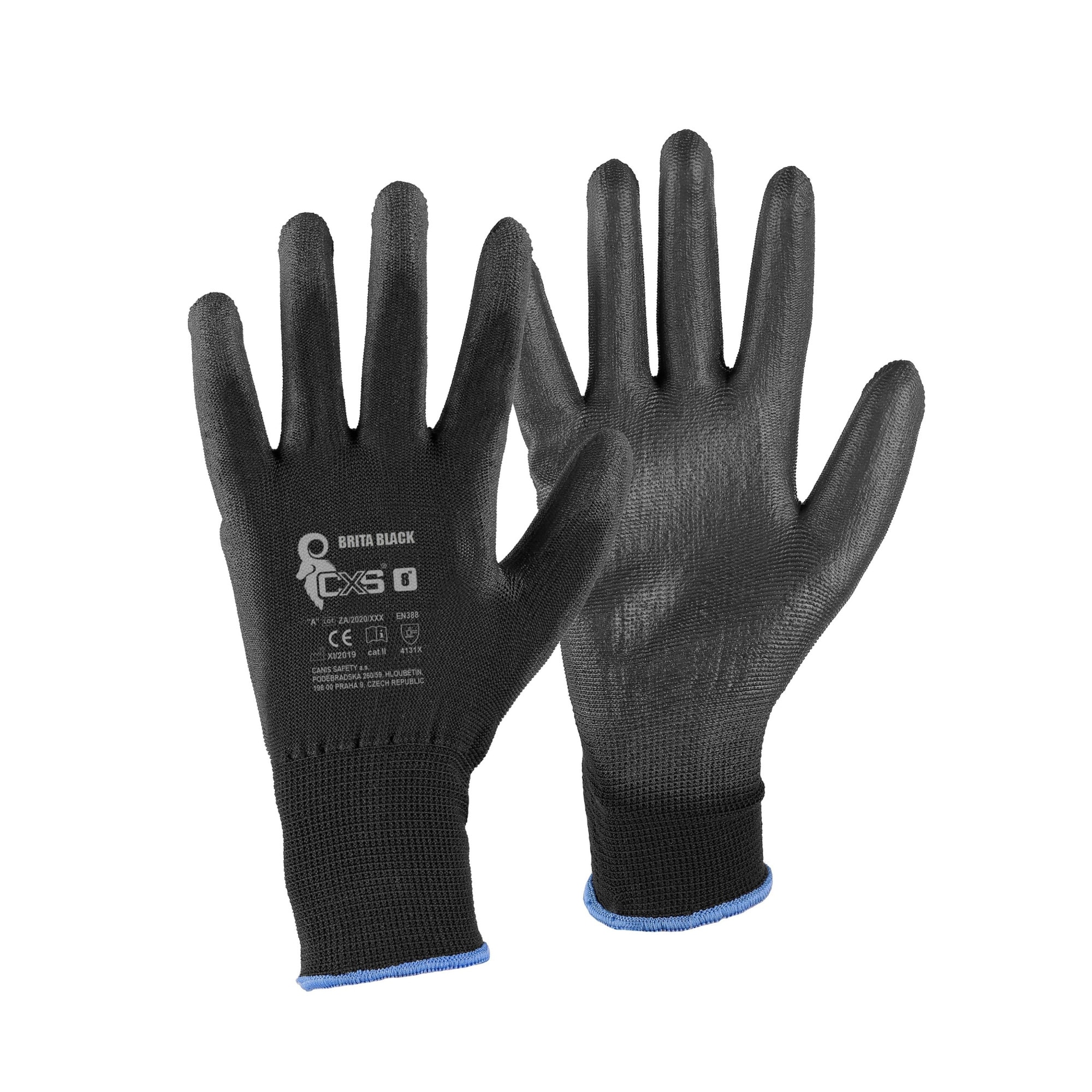 Set de 12 perechi de manusi de protectie din poliester cu poliuretan, negre, Brita, marimea M