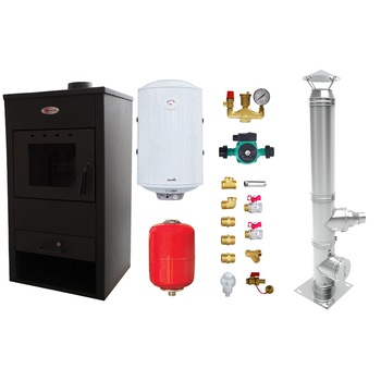 Pachet Termosemineu pe lemne, brichete si carbune Fornello B2E, 14 kW, 46x45x91 cm, cos inox, boiler termoelectric 80l, vas expansiune, pompa circulatie si kit montaj Pachet Termosemineu pe lemne, brichete si carbune Fornello B2E, 14 kW, 46x45x91 cm, cos inox, boiler termoelectric 80l, vas expansiune, pompa circulatie si kit montaj