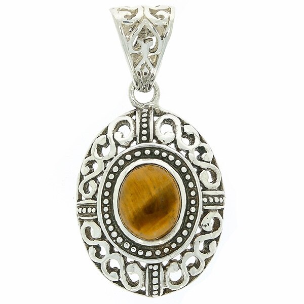 Pandantiv Argint Antichizat Oval Lucrat Manual cu Piatra Naturala Ochi de Tigru, 4.4 x 2.2cm