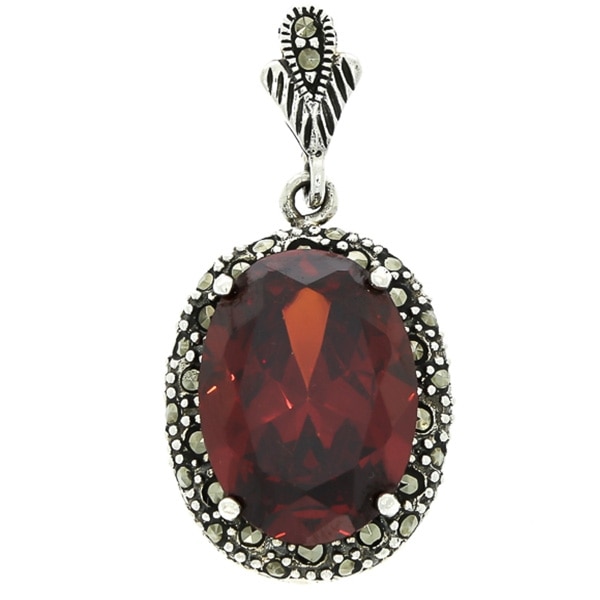 Pandantiv Argint Antichizat cu Marcasite si Zirconiu Visiniu, 3.7x1.7cm