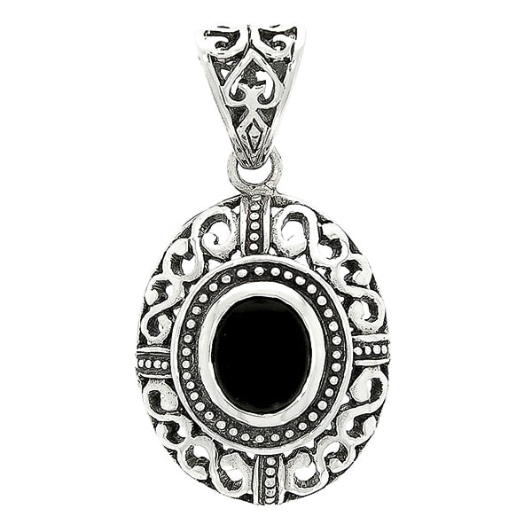 Pandantiv Argint Antichizat Lucrat Manual cu Piatra de Agat Negru, 4.5 x 2cm