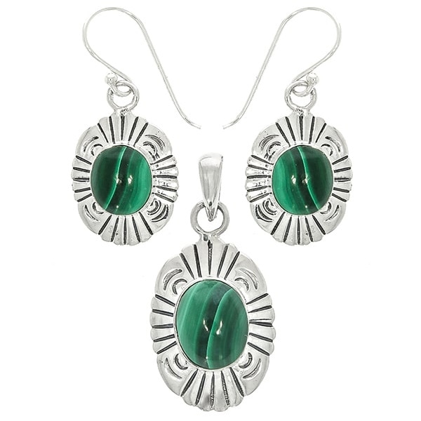 Set Argint Antichizat cu Cercei si Pandantiv Lucrate Manual cu Pietre de Malachit, cercei: 3.7 x 1.5cm, pandantiv: 3 x 1.5cm