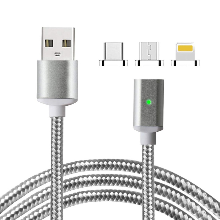 SIKS töltőkábel, 3 az 1-ben, mágneses, 2 m, lightning, Micro-USB, C-típus, szürke