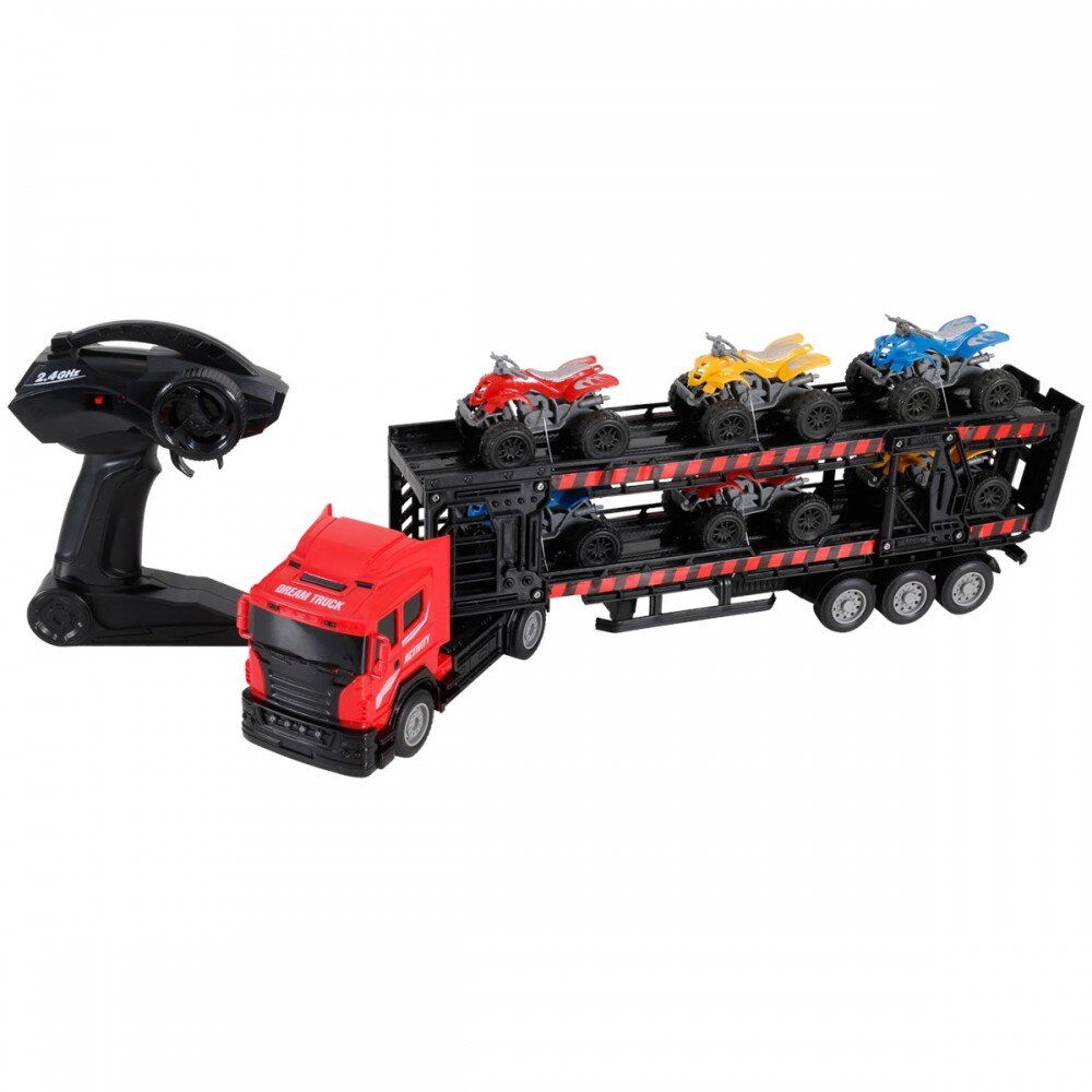 Camion cu telecomanda 2.4 ghz tip transportor masini de curse truck cu 6 atv-uri incluse 52 x 15 x 10 cm