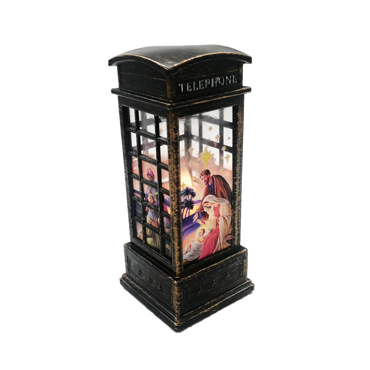 Felinar Luminos Sclipitor, Cabina Telefonica Londoneza, culoare Bronz, tema Religioasa, 14cm, Vision®