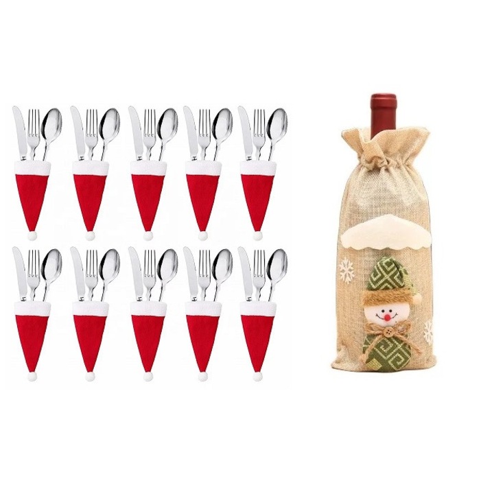 Set decor masa, 10 mini caciulite Craciun, Eurozep, pentru tacamuri si o husa Craciun 3D, pentru sticla de vin, crem