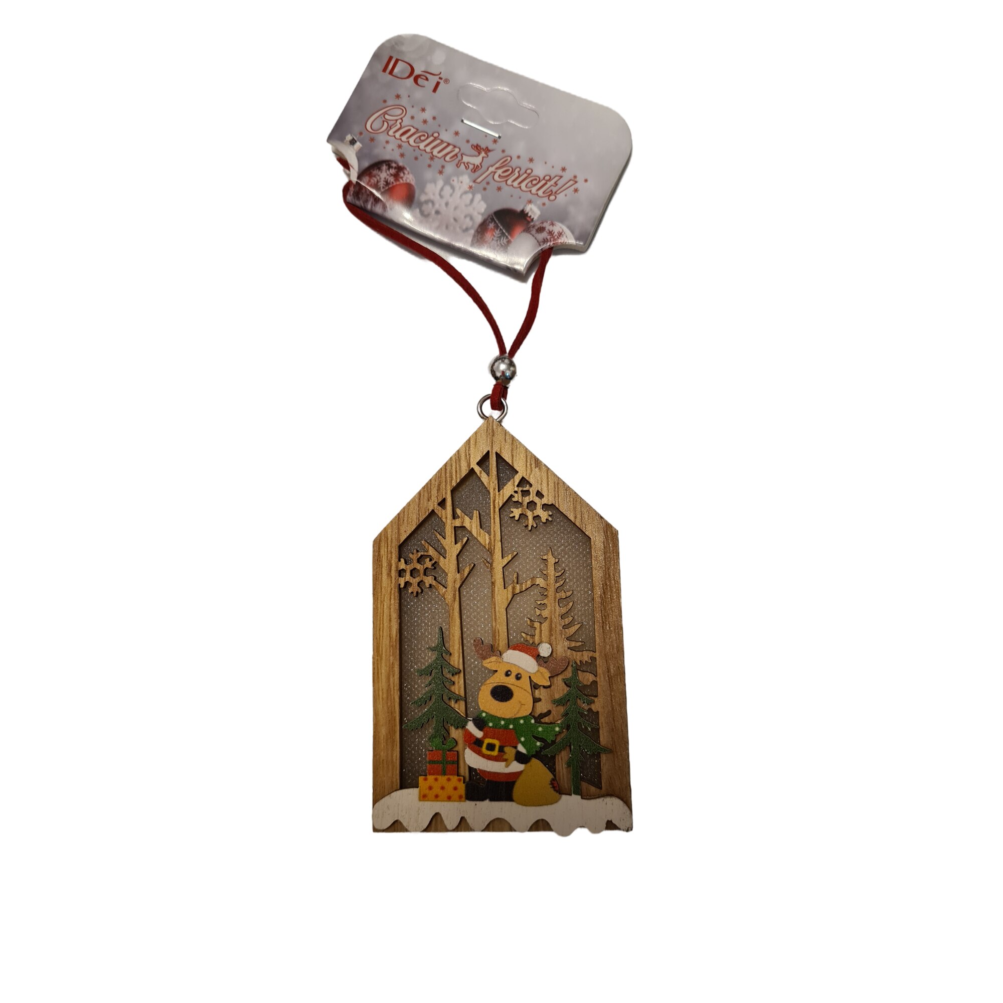 Decoratiune Brad Craciun din Lemn, Forma Casuta, Luminoasa, cu Figurina Ren, 24x2 cm, Multicolor