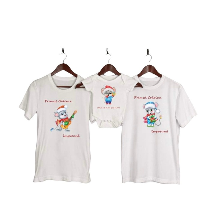 Set personalizat 3 tricouri familie de Craciun, Soricei, drool, alb