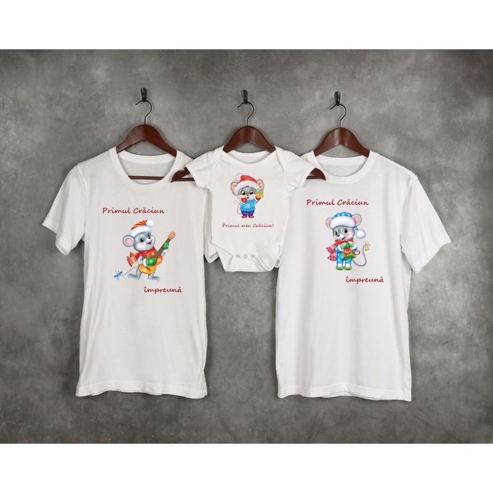 Set personalizat 3 tricouri familie de Craciun, Soricei, drool, alb