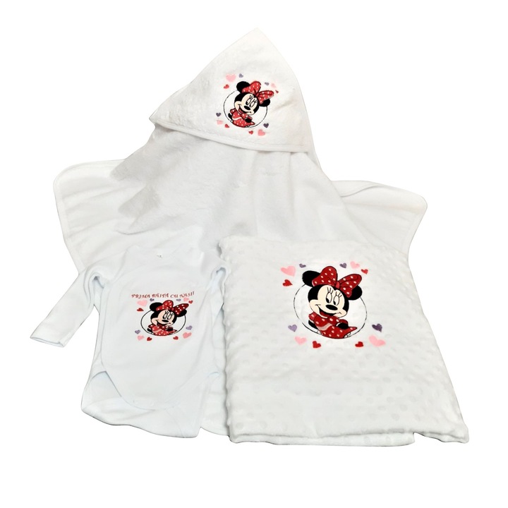Set 3 articole pentru bebelusi, prima baita, personalizat, model Minnie Mouse, Multicolor
