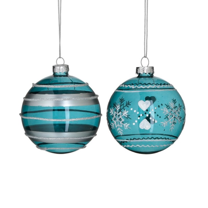 Set 6 globuri din sticla, 2 modele, silver/blue Φ8