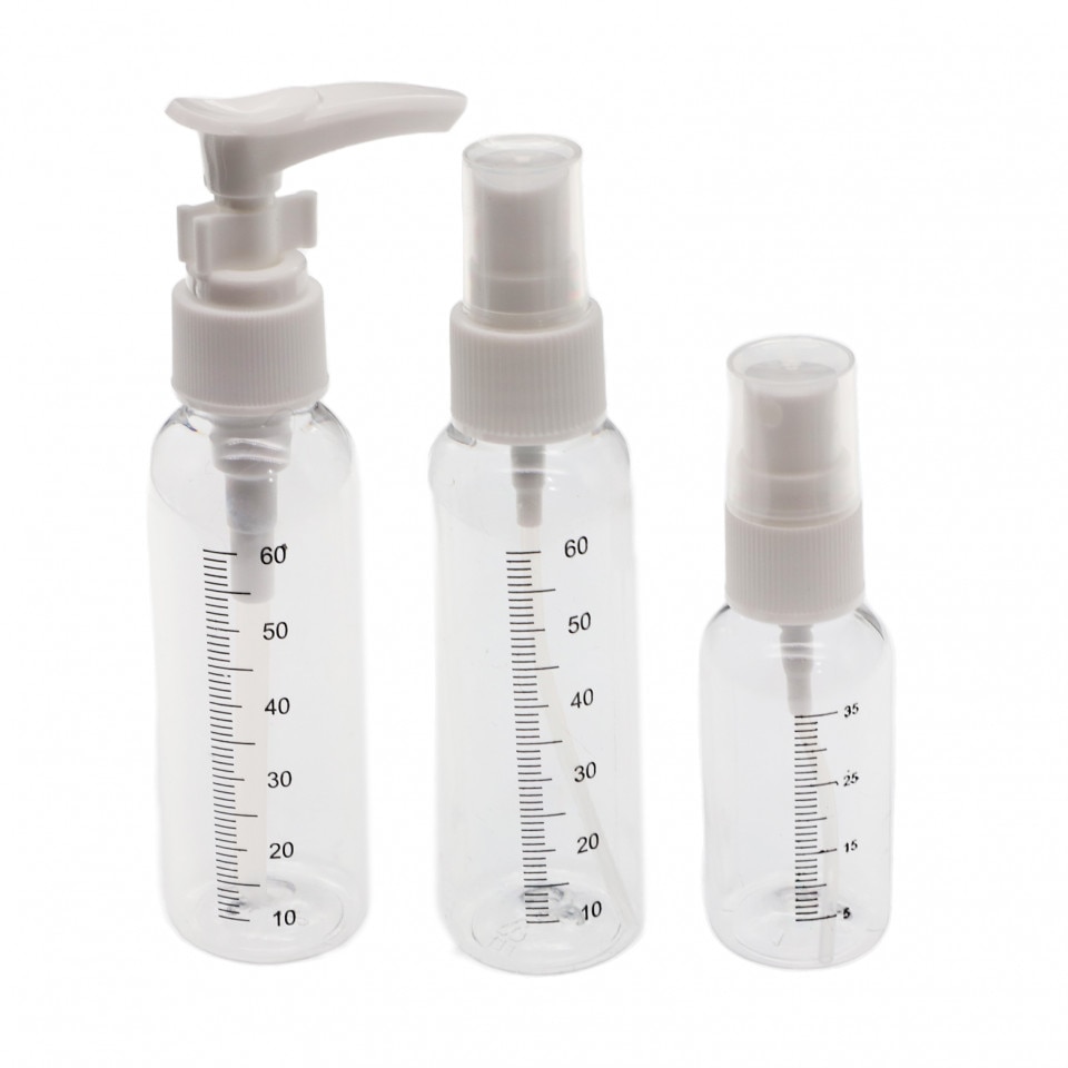 Set 3 bucati, Sticlute pentru calatorii cu avionul, gradate, din plastic, IDei, 35-60 ml, transparent