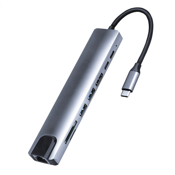 Hub, 8 in 1, USB-C, Plug & Play, Сребрист