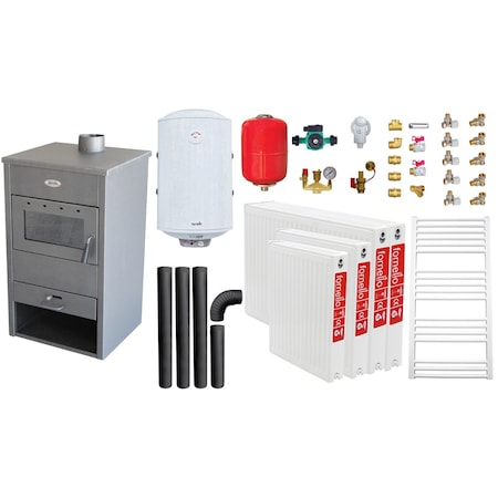 Pachet incalzire si apa calda pentru 3 camere, Termosemineu pe lemne, brichete si carbune Fornello B22 E, 19kW, 50x45x93 cm, boiler termoelectric 80l, vas expansiune, pompa circulatie, calorifere, kit evacuare si kit montaj