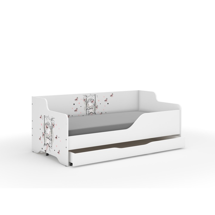 Pat pentru copii LILU, Wooden Toys, MDF, Cadru/Saltea/Suport lenjerie, 160x80cm, Alb