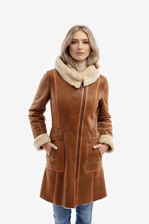 Palton din blana naturala, Gerali, model Carina, Maro camel