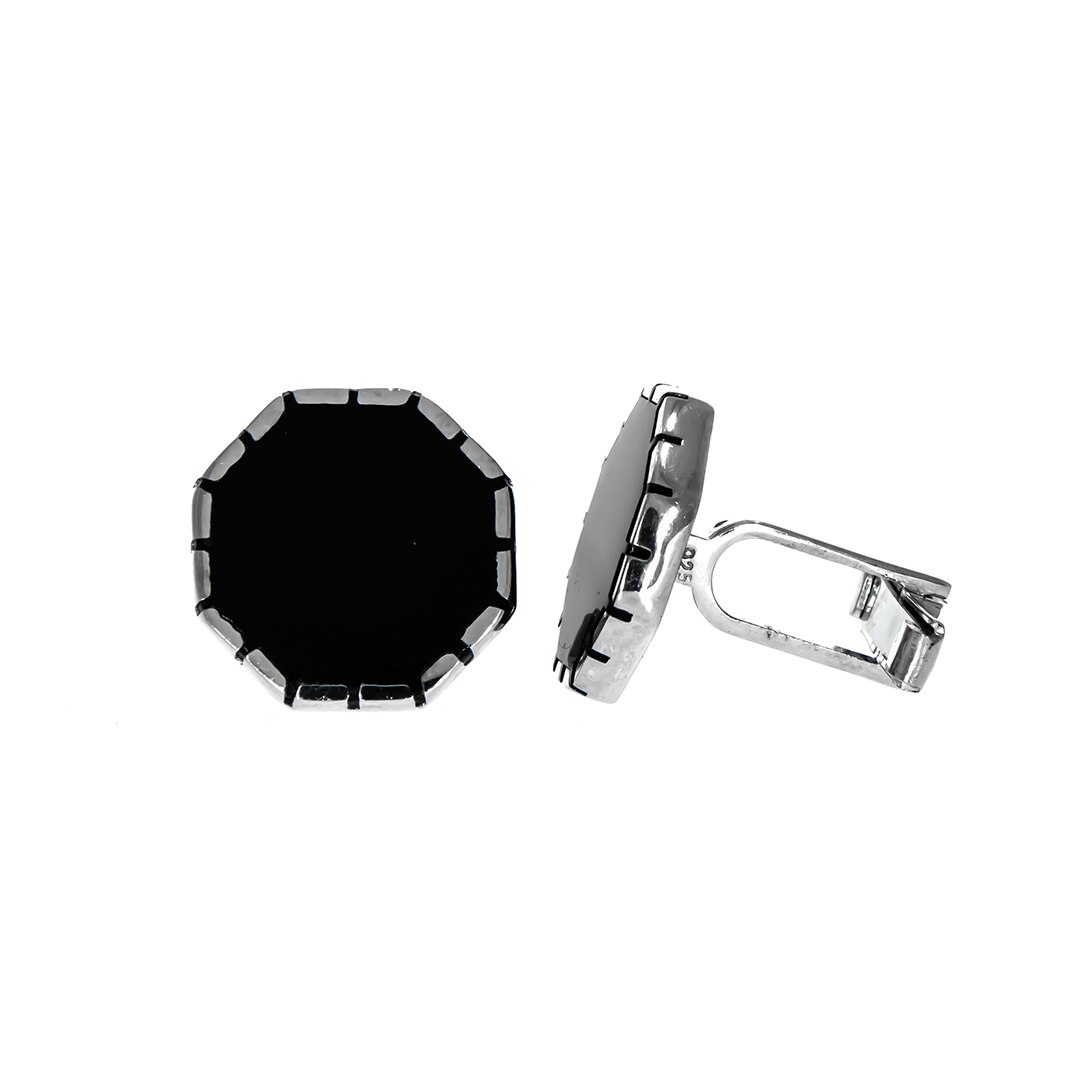 Butoni Argint Hexagonali cu Email Negru