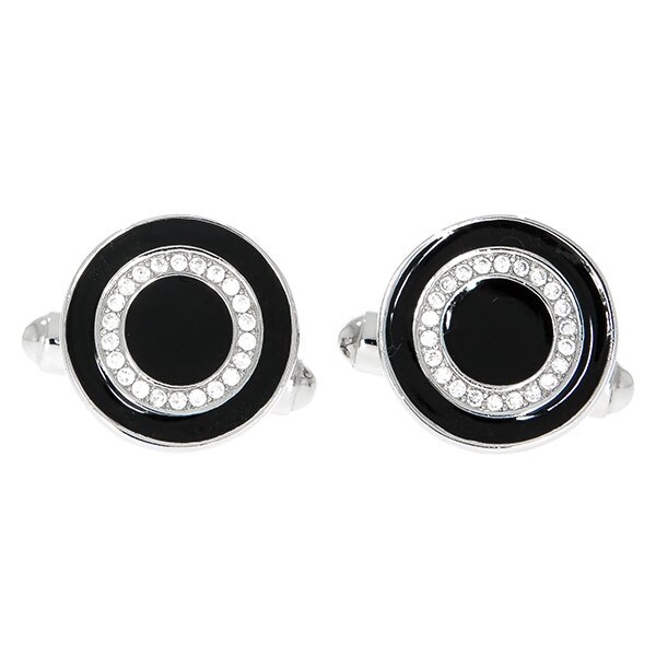 Butoni Argint Rotunzi cu Email Negru si Cristale de Zirconiu