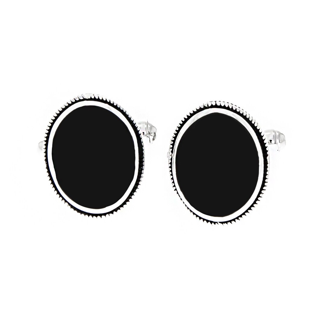 Butoni Argint Ovali cu Detalii Antichizate si Agate Negre