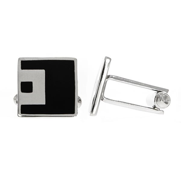 Butoni Argint Patrati cu Email Negru Design Minimalist