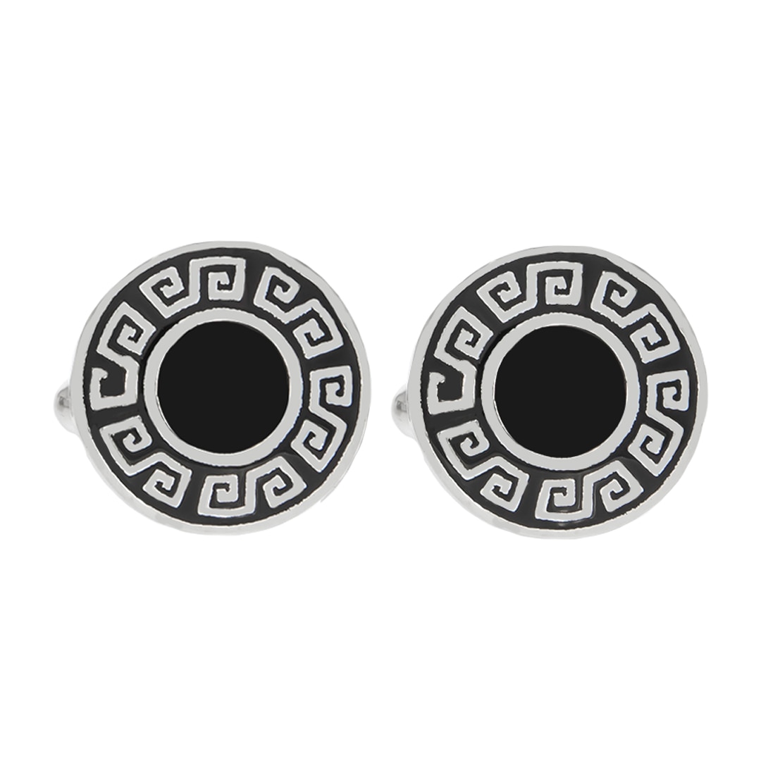 Butoni argint Rotunzi cu Email Negru cu Motive Grecesti