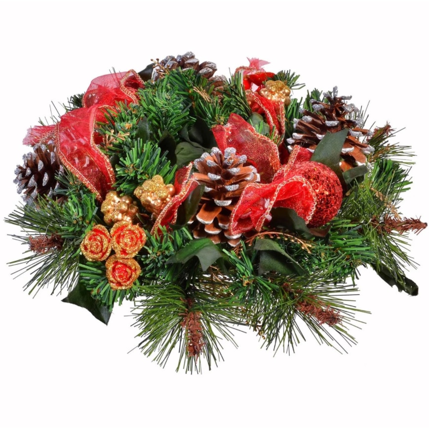 Decoratiune Craciun, Zola®, de pus lumanarea, cu panglica rosie, mini trandafiri si merisoare, 26 cm