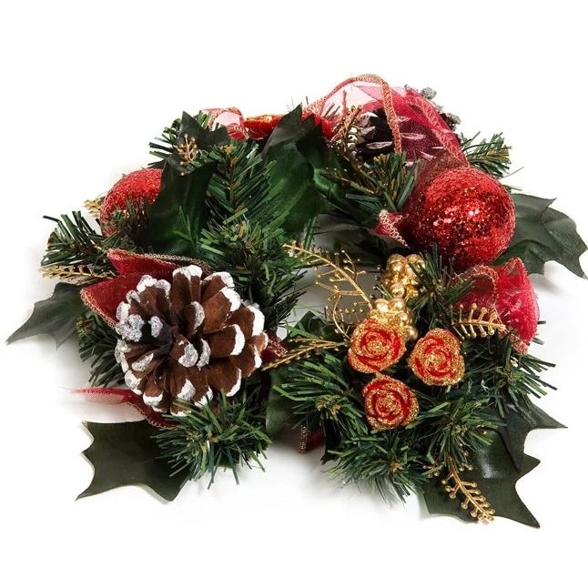 Decoratiune Craciun, Zola®, de pus lumanarea, model cu trandafiri, conuri si panglica rosie, 23 cm