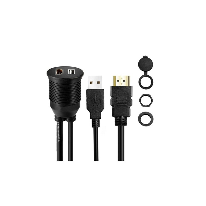 Кабел, USB 2.0, HDMI - HDMI и USB AUX, За колата, 1 метър, Черен