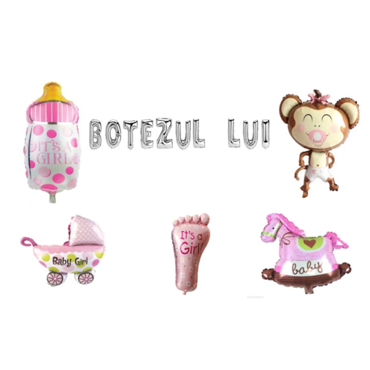 Keresztelő lufi készlete, kislányoknak, tortafeltét, 16 részes, ezüst