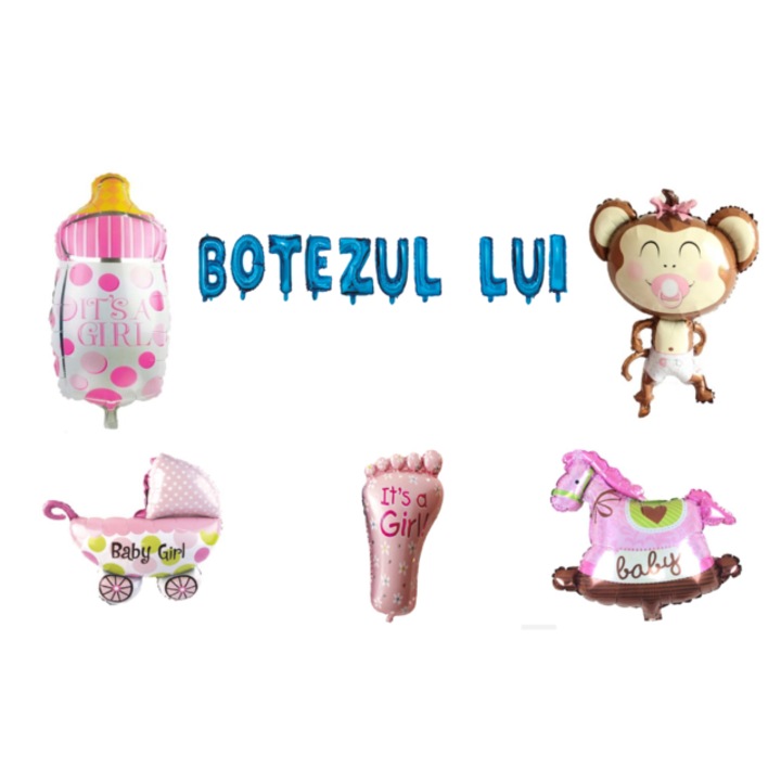 Keresztelő lufi készlet, kislányoknak, tortafeltét, 16 részes, kék