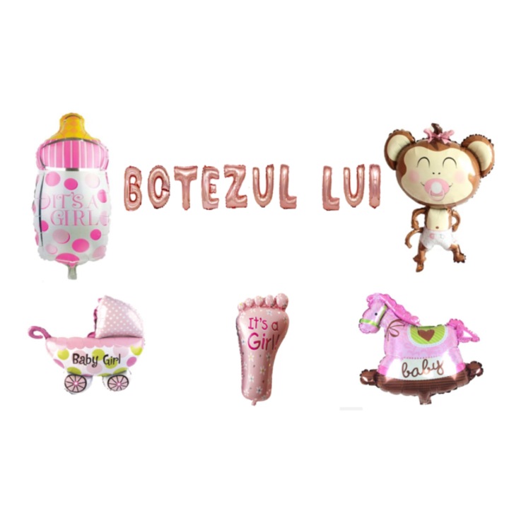 Keresztelő lufi szettje, kislányoknak, tortafeltét, 16 db, Rosegold