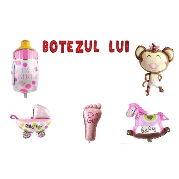 Keresztelő lufi készlete, kislányoknak, tortafeltét, 16 részes, piros