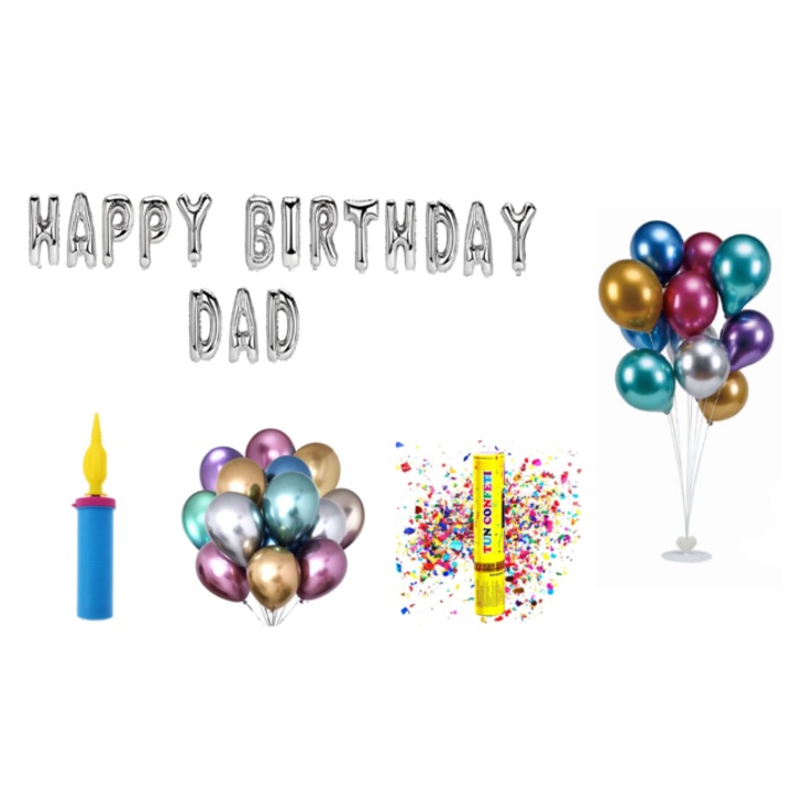 Boldog születésnapot apa lufi szett, torta dísz, 77 db, ezüst