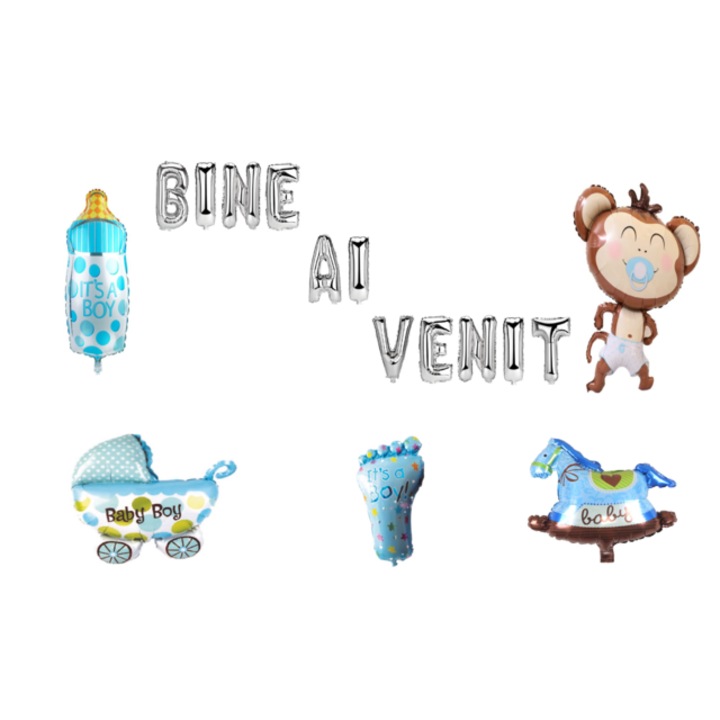 Üdvözlő lufi szett, Fiúknak, tortafeltét, 18 db, ezüst