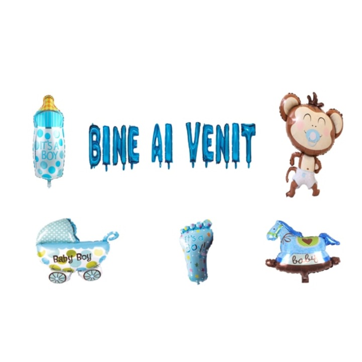Üdvözlő lufi szett, Fiúknak, tortafeltét, 18 db, kék