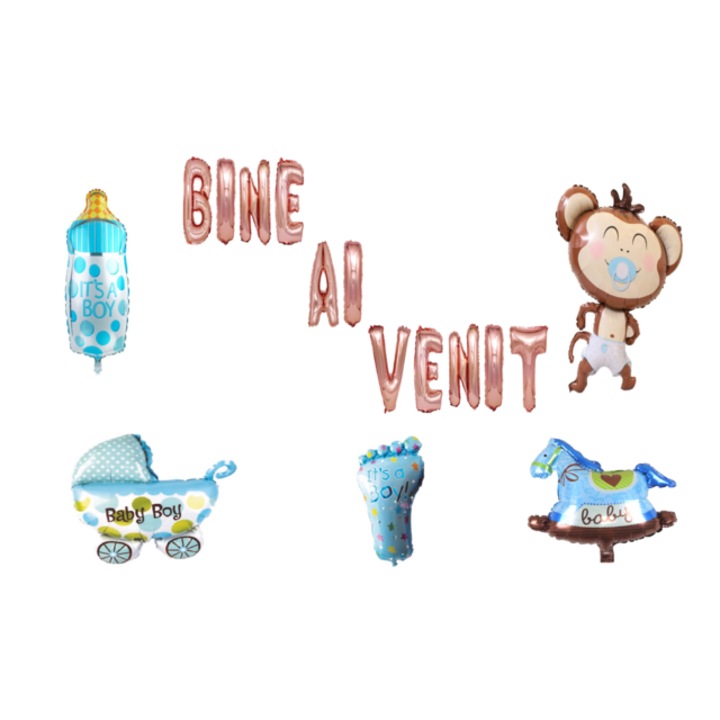 Üdvözlő lufi szett, Fiúknak, tortafeltét, 18 db, Rosegold