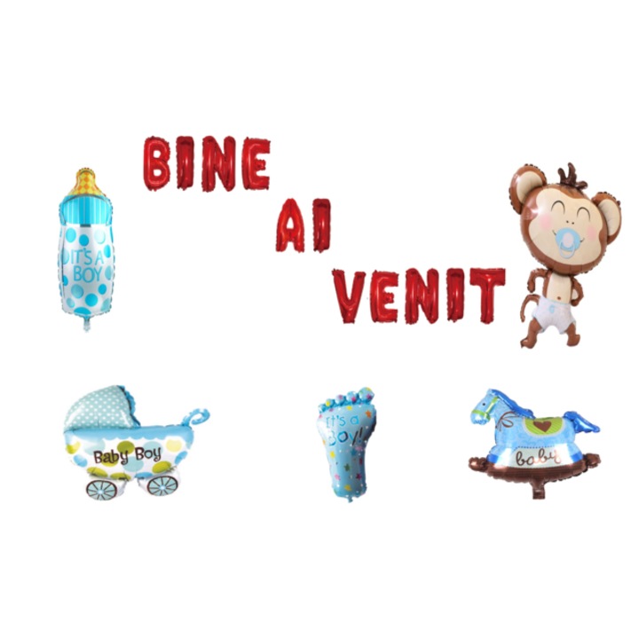 Üdvözlő lufi szett, Fiúknak, tortafeltét, 18 db, Piros