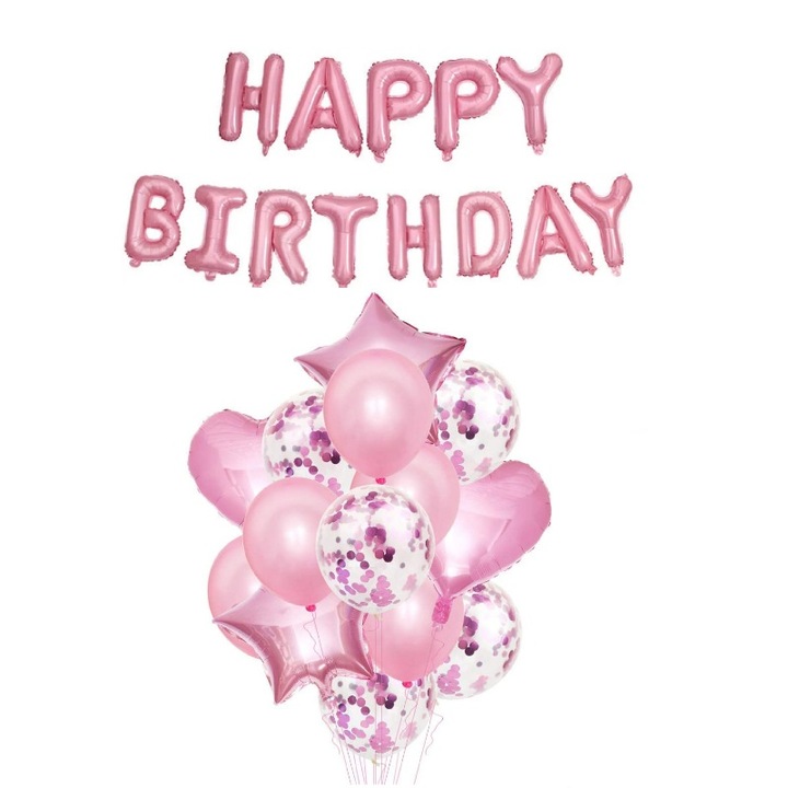 Комплект от 14 балона за рожден ден с конфети и балони Честит рожден ден, розови, време е за парти