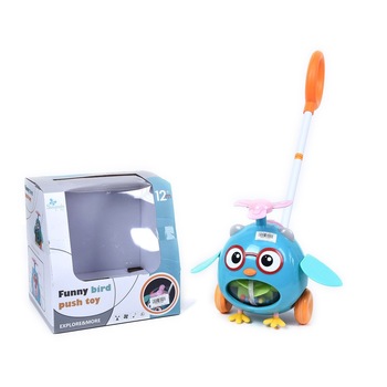 Jucarie interactiva de impins Funny Owl, albastru Jucarie interactiva de impins Funny Owl, albastru